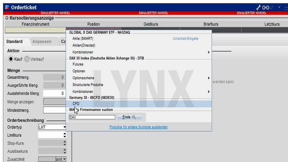 Chart: LYNX Handelsplattform Orderticket DAX CFD - Was sind CFDs? - Vor- und Nachteile der „Contracts For Difference“ Was sind CFDs? - Vor- und Nachteile der „Contracts For Difference“: LYNX Handelsplattform Orderticket DAX CFD | LYNX Online Broker