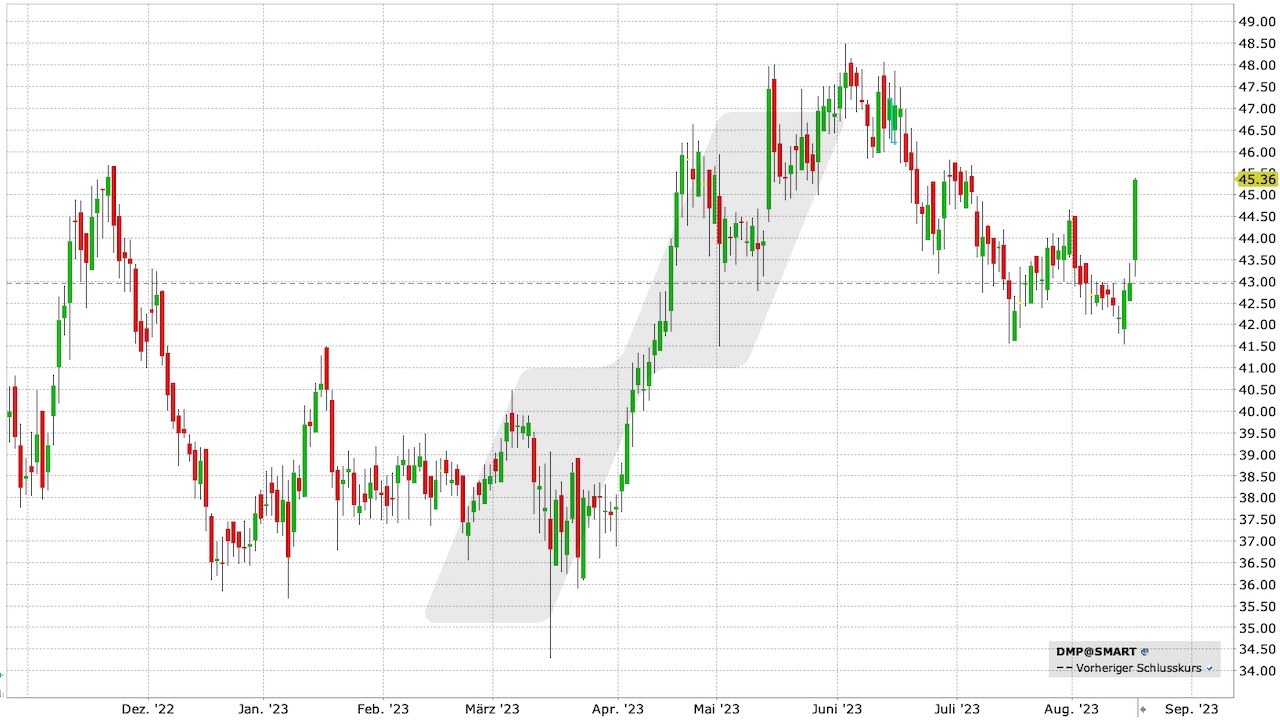 Dermapharm Aktie: Chart vom 16.08.2023, Kurs: 45,36 EUR, Kürzel: DMP | Quelle: TWS | Online Broker LYNX