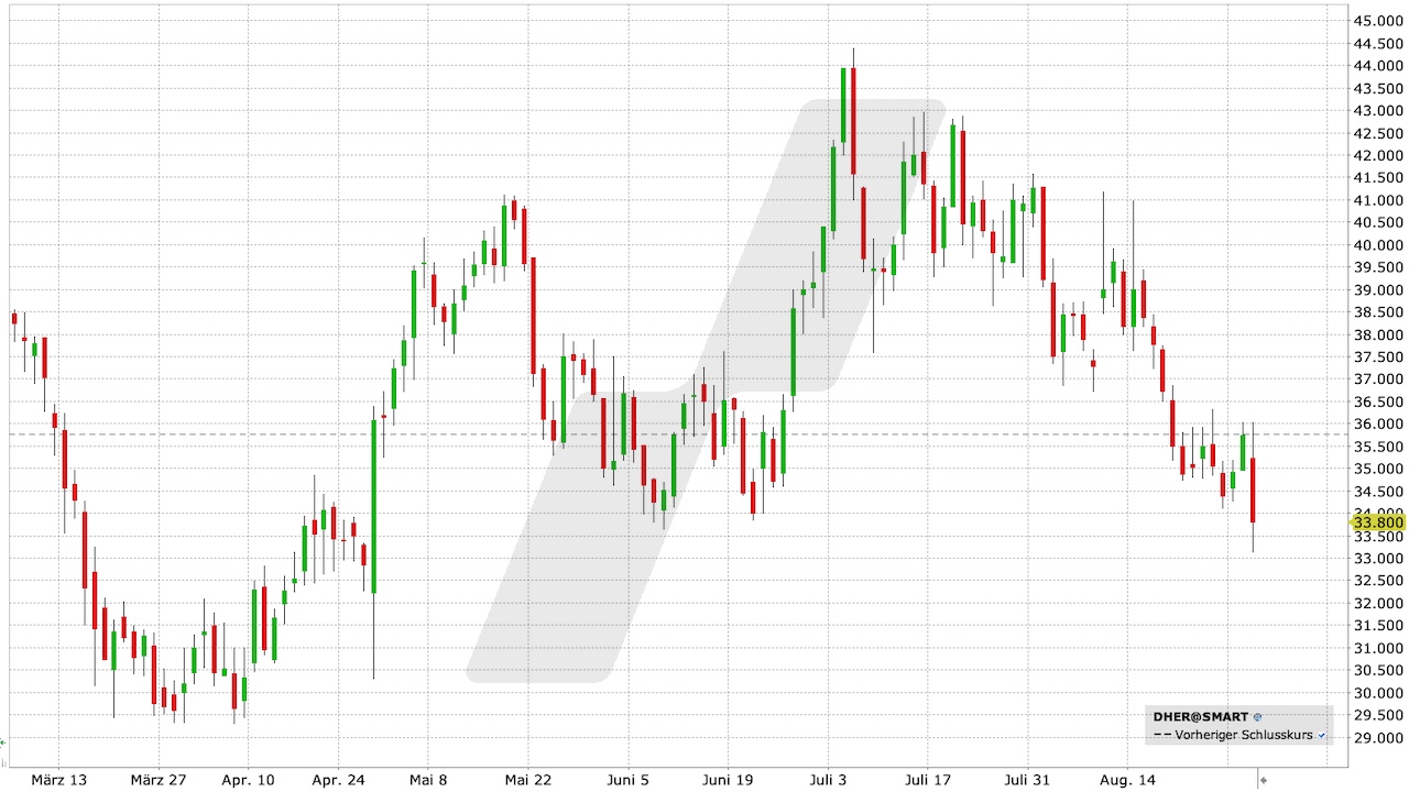 Delivery Hero Aktie: Chart vom 30.08.2023, Kurs: 33,80 EUR, Kürzel: DHER | Quelle: TWS | Online Broker LYNX Delivery Hero Aktie: Chart vom 30.08.2023, Kurs: 33,80 EUR, Kürzel: DHER | Quelle: TWS | Online Broker LYNX