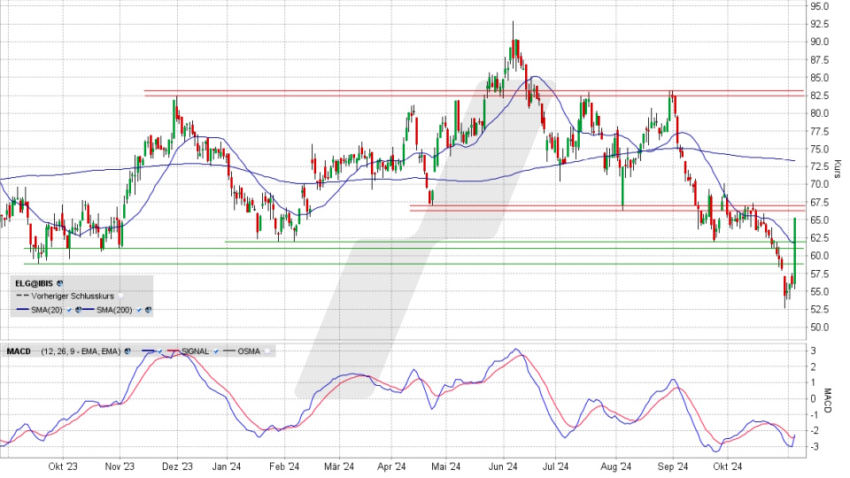 Elmos Semiconductor Aktie: Chart vom 05.11.2024, Kurs 64,80 Euro, Kürzel: ELG | Quelle: TWS | Online Broker LYNX