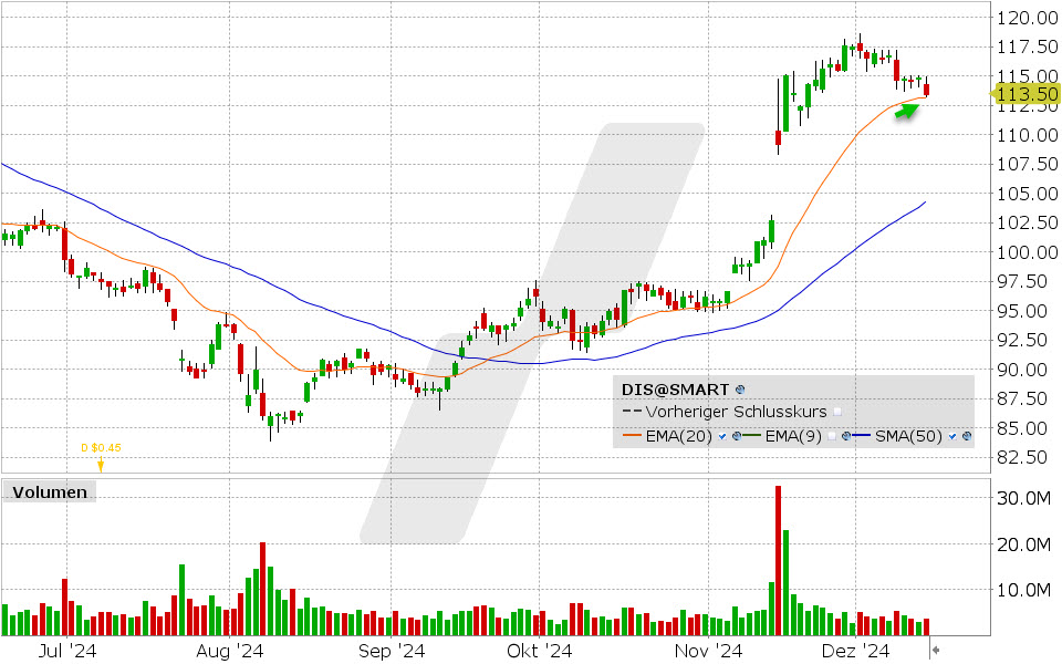 Walt Disney Aktie: Chart vom 13.12.2024, Kurs: 113.50 USD, Kürzel: DIS | Quelle: TWS | Online Broker LYNX