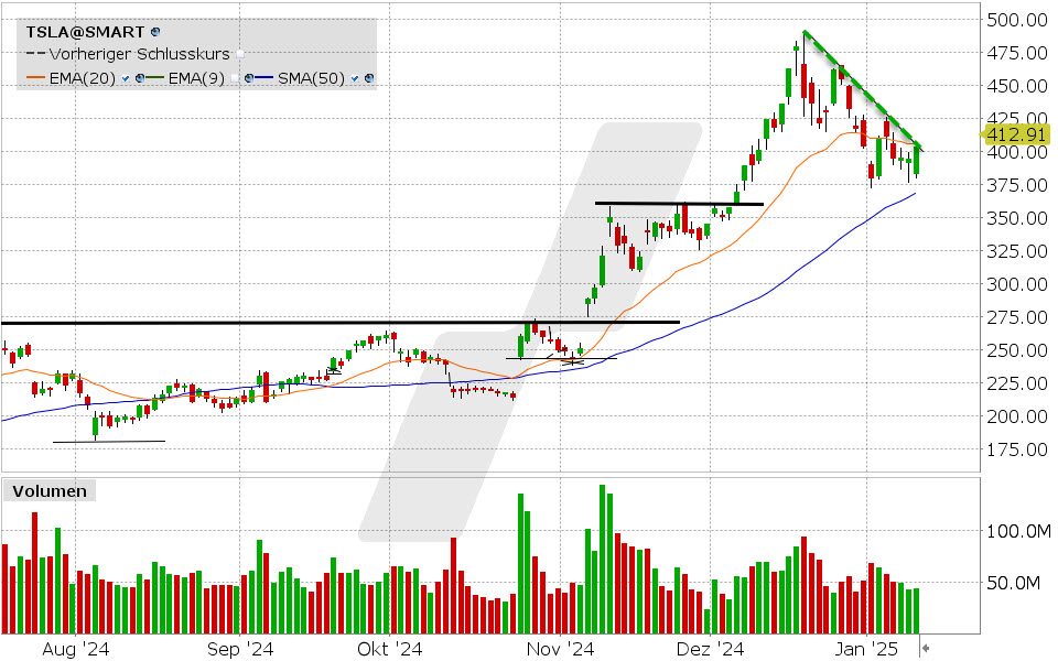 Tesla Aktie: Chart vom 13.01.2025, Kurs: 412.91 USD, Kürzel: TSLA | Quelle: TWS | Online Broker LYNX