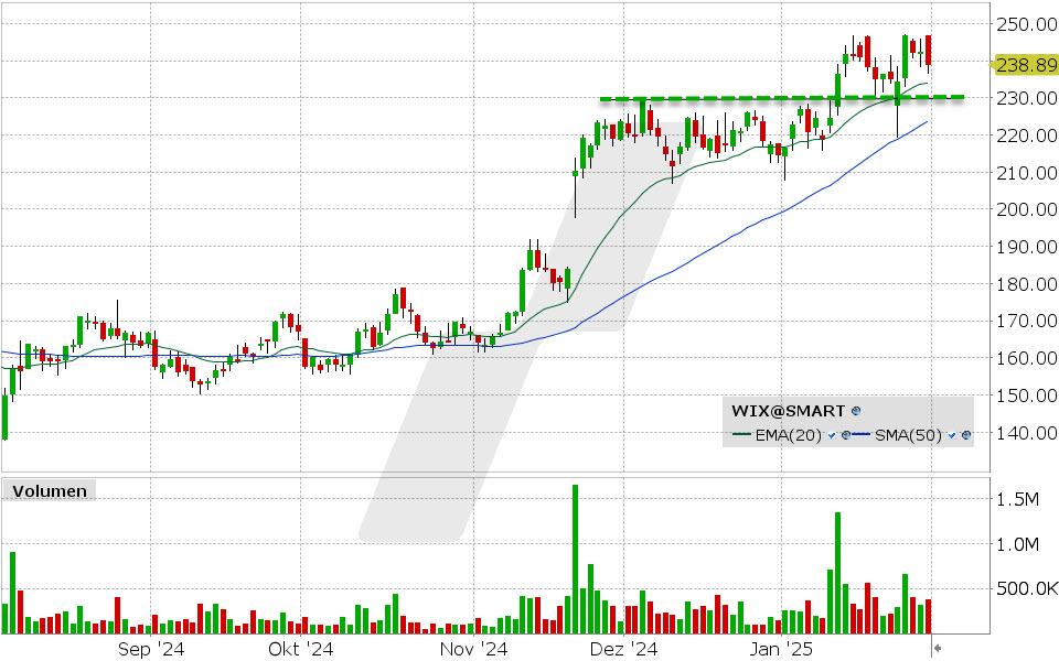 Wix.com Aktie: Chart vom 31.01.2025, Kurs: 238.89 USD, Kürzel: WIX | Quelle: TWS | Online Broker LYNX