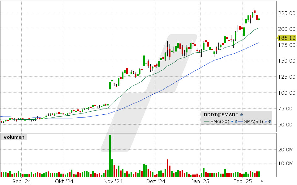 Reddit Aktie: Chart vom 12.02.2025, Kurs: 216.47 USD, Kürzel: RDDT | Quelle: TWS | Online Broker LYNX