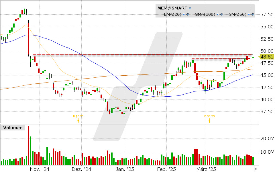 Newmont Mining Aktie: Chart vom 02.04.2025, Kurs: 48.73 USD, Kürzel: NEM | Quelle: TWS | Online Broker LYNX