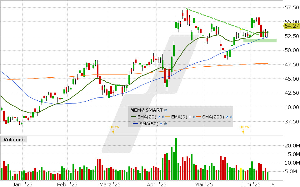 Newmont Mining Aktie: Chart vom 11.06.2025, Kurs: 54.27 USD, Kürzel: NEM | Quelle: TWS | Online Broker LYNX Newmont Mining Aktie: Chart vom 11.06.2025, Kurs: 54.27 USD, Kürzel: NEM | Quelle: TWS | Online Broker LYNX