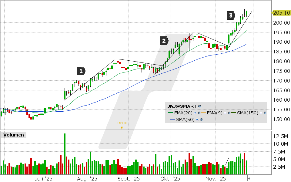 Johnson & Johnson Aktie: Chart vom 24.11.2025, Kurs: 206.05 USD, Kürzel: JNJ | Quelle: TWS | Online Broker LYNX