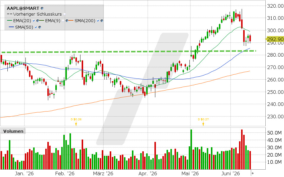 Apple Aktie: Chart vom 12.06.2026, Kurs: 291.13 USD, Kürzel: AAPL | Quelle: TWS | Online Broker LYNX