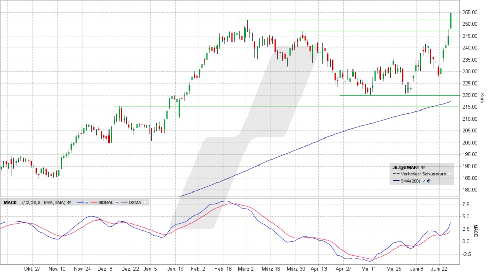Johnson & Johnson Aktie: Chart vom 26.06.2026, Kurs 254,66 US-Dollar, Kürzel: JNJ | Quelle: TWS | Online Broker LYNX
