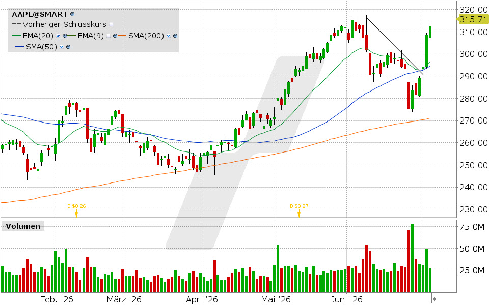Apple Aktie: Chart vom 06.07.2026, Kurs: 312.66 USD, Kürzel: AAPL | Quelle: TWS | Online Broker LYNX