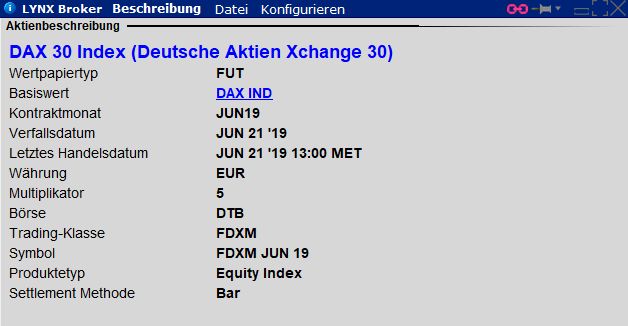 Mini-DAX-Future Kontraktbeschreibung in der Trader Workstation - Der Einstieg in den Futures-Handel und was Sie dabei beachten sollten Der Einstieg in den Futures-Handel und was Sie dabei beachten sollten: Mini-DAX-Future Kontraktbeschreibung in der Trader Workstation | LYNX Online Futures Broker